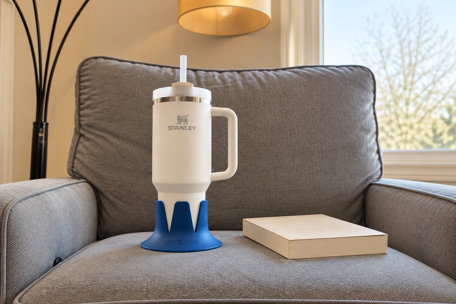 Steadi holding a drink within reach in a compact apartment nook. AI lifestyle image.