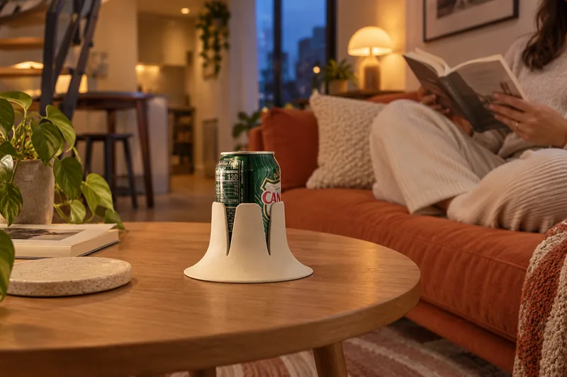 White Steadi with a soda can on a supported surface in a compact apartment. AI lifestyle illustration.
