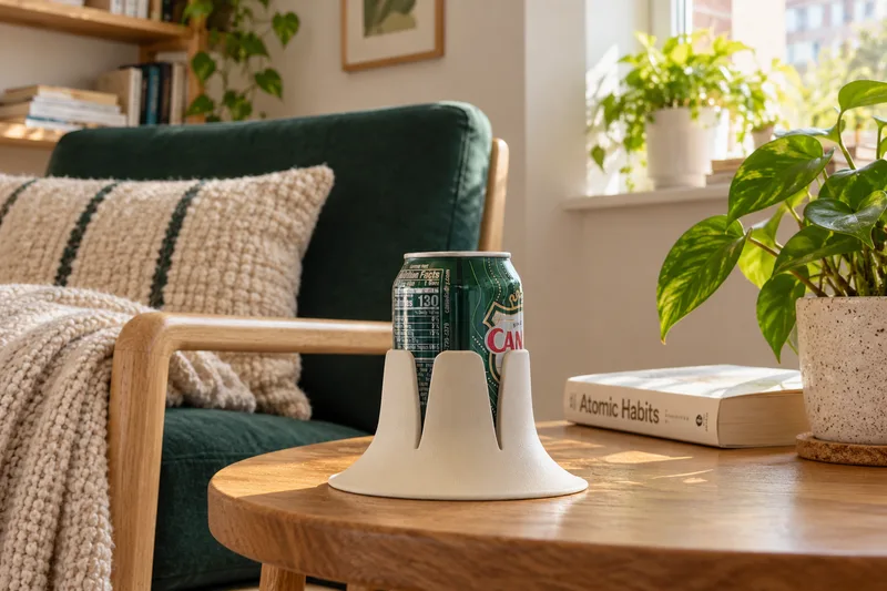 White Steadi with a soda can on a supported surface in a compact apartment. AI lifestyle illustration.