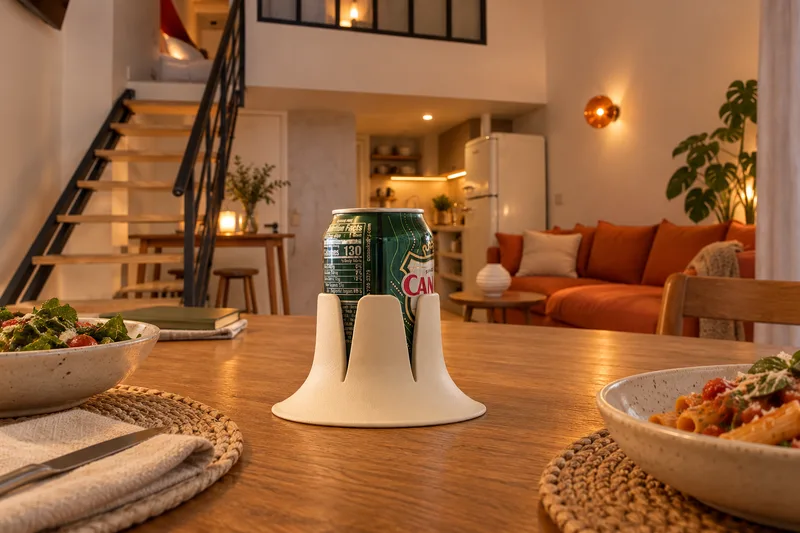 White Steadi with a soda can on a supported surface in a compact apartment. AI lifestyle illustration.