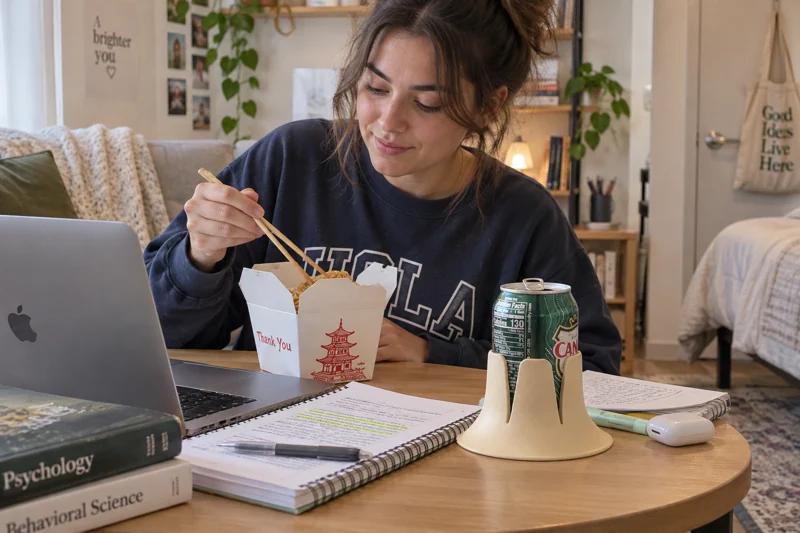 Adult eating takeout while studying at a tiny multipurpose table with opened soda can in Steadi on actual small apartment table with a deliberately clear drink corner. AI illustration.