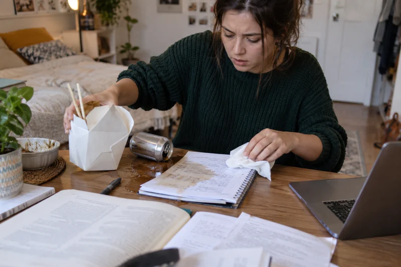 Moving a takeout carton catches soda; it reaches study notes on the shared table. AI illustration.